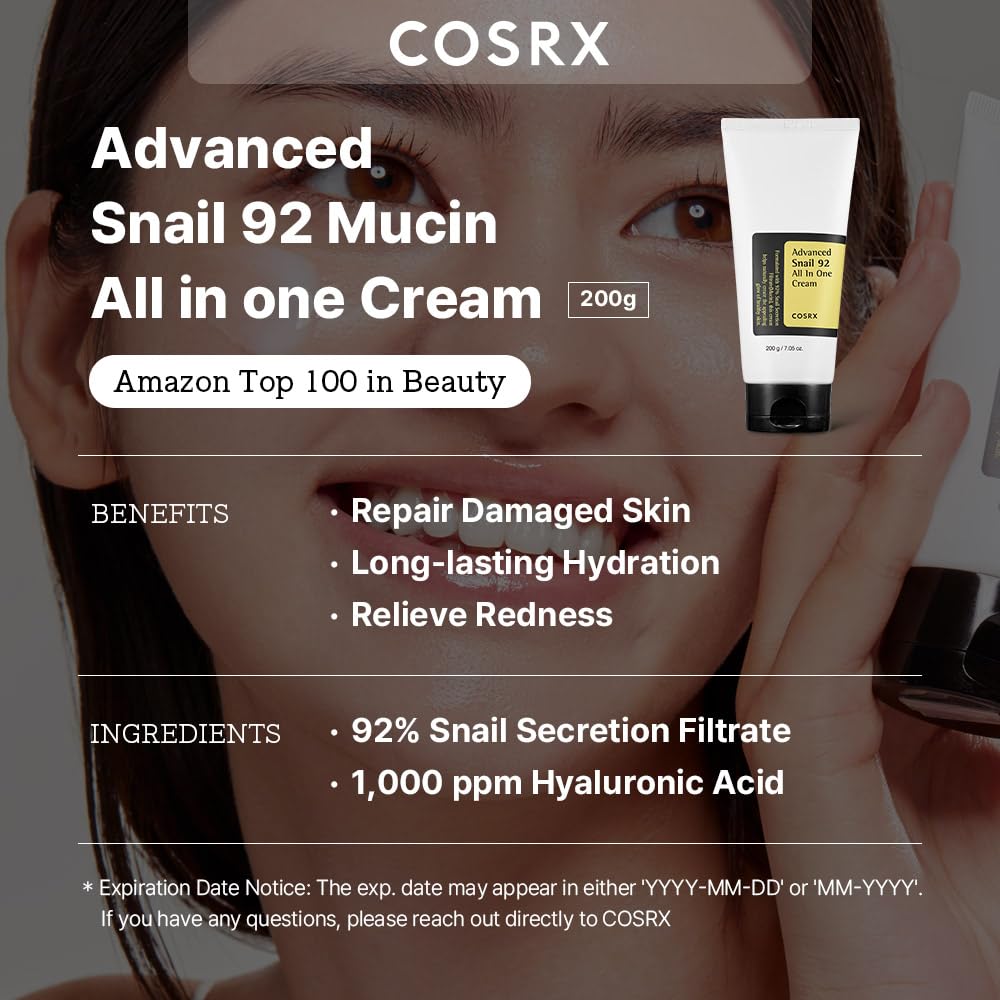 COSRX Advanced Snail 92 All in one Cream, 7.05oz/200g (Large size), Snail Mucin Secretion Daily Face Gel Moisturiser for Dry Skin, Sensitive Skin, Korean Skincare