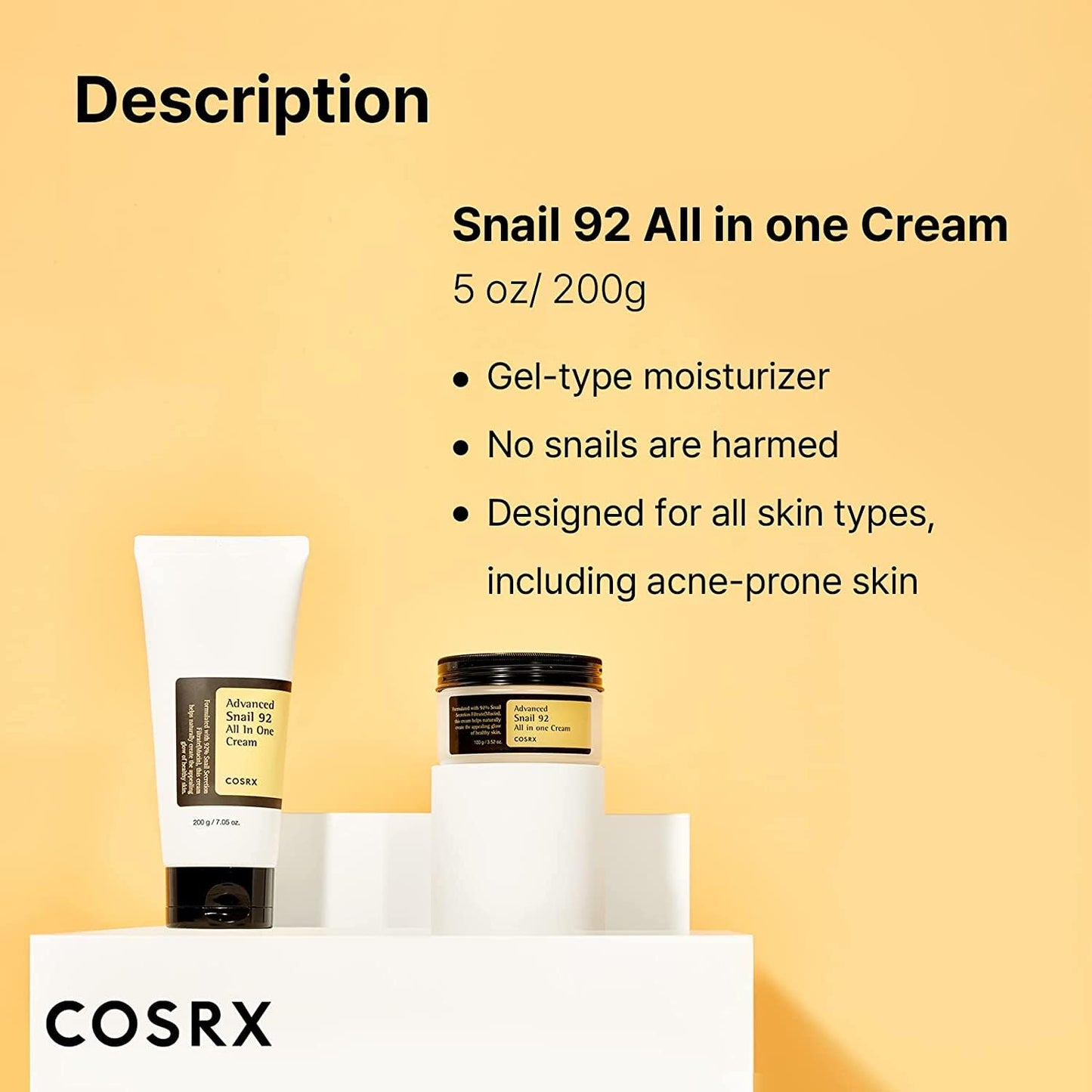 COSRX Advanced Snail 92 All in one Cream, 7.05oz/200g (Large size), Snail Mucin Secretion Daily Face Gel Moisturiser for Dry Skin, Sensitive Skin, Korean Skincare